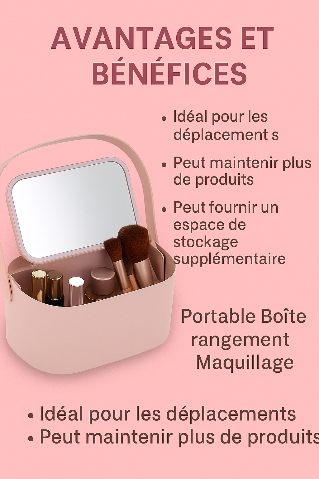Boite d'organisation de Maquillage Portable avec Miroir Led.
